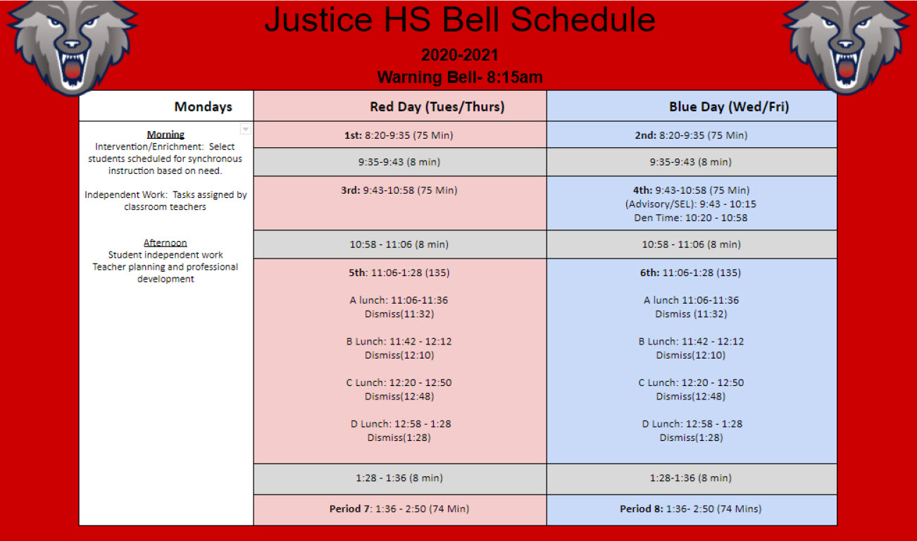 Bell Schedule Justice High School